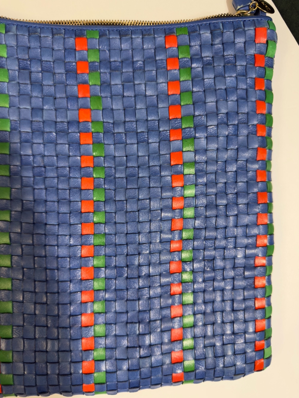 Rare Clare V. Handwoven Leather Messenger Bag Blue Red Green Checkered Stripe - Picture 15 of 15